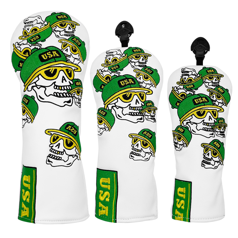 Headcover Driver - White Leather Sk-ull Pattern Golf Head